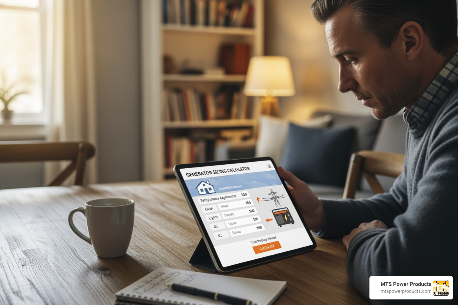 homeowner using a generator sizing calculator on a tablet - diesel generator for home
