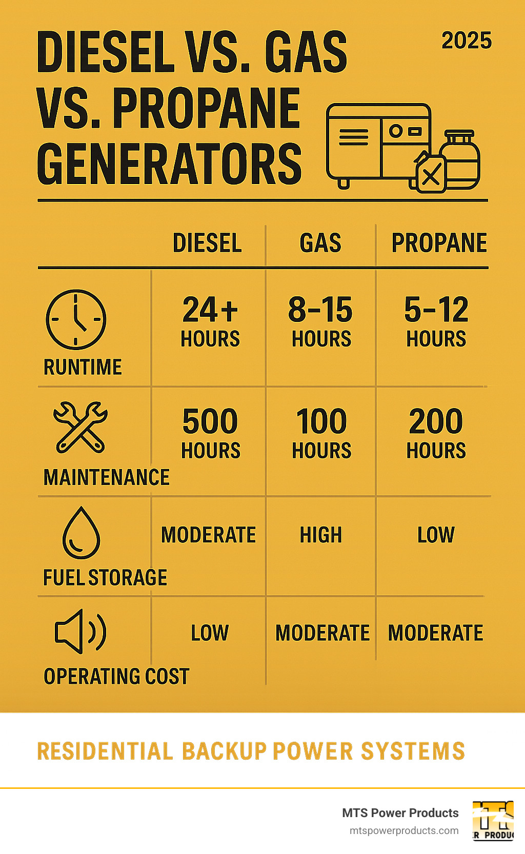 Comprehensive comparison of diesel vs gas vs propane generators showing runtime capabilities, maintenance intervals, fuel storage safety, noise levels, and long-term operating costs for residential backup power systems - diesel generator for home infographic 