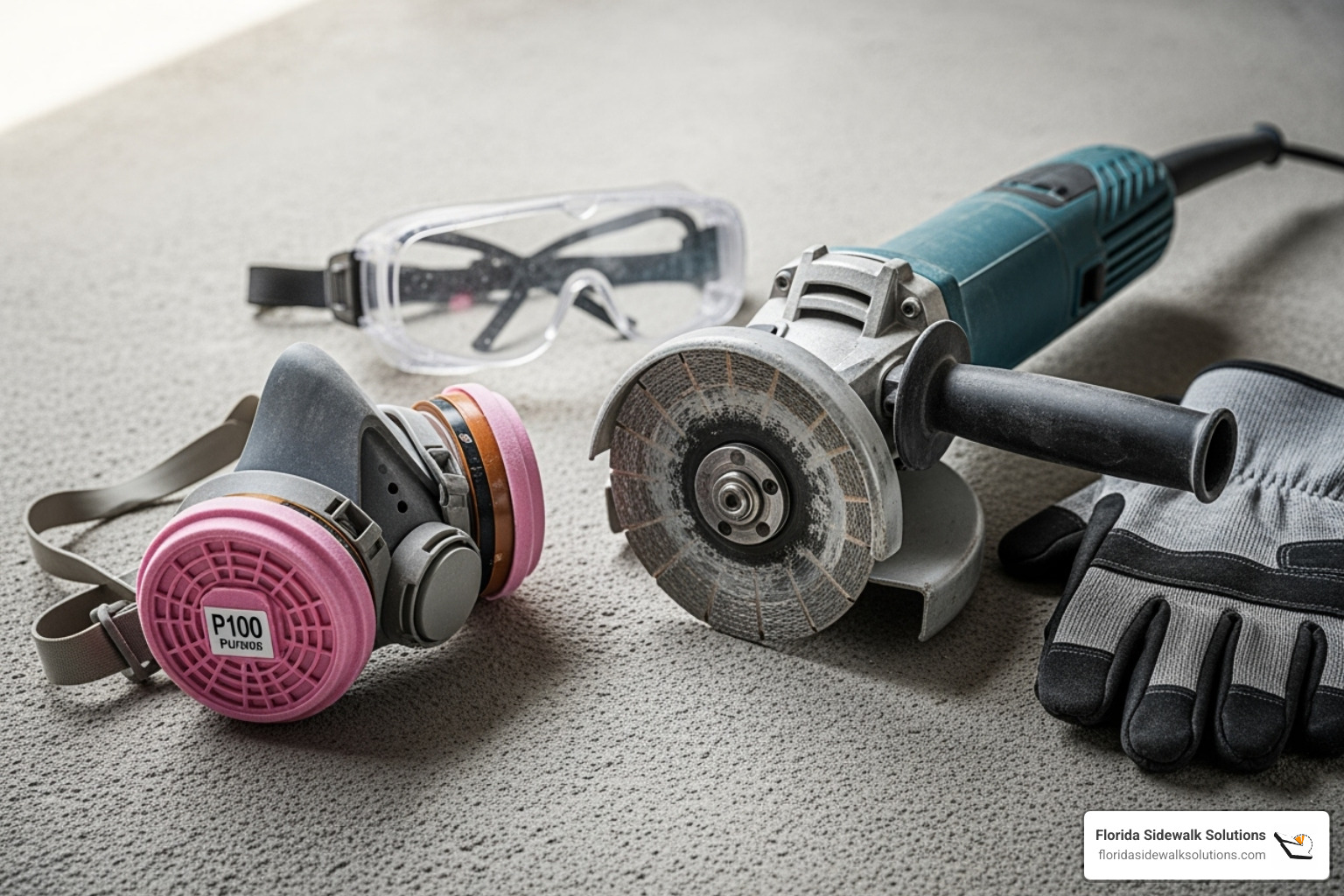 Essential safety gear (respirator, goggles, gloves) laid out next to an angle grinder with a diamond cup wheel, emphasizing safety precautions for DIY concrete grinding - grinding cement sidewalk