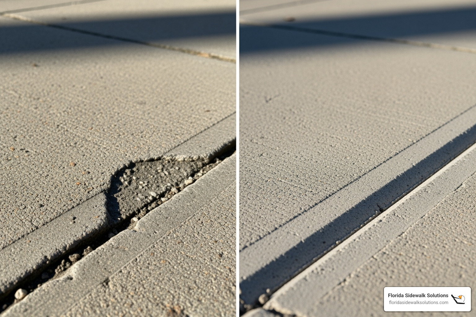 A split image comparing a scarred, ground sidewalk repair on one side with a clean, beveled, and uniform precision-cut repair on the other, clearly demonstrating the aesthetic superiority of cutting - grinding cement sidewalk