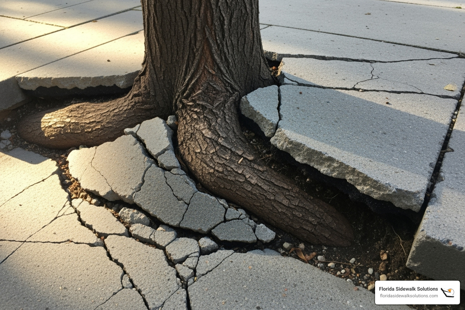 A large tree root visibly lifting and cracking a sidewalk slab, illustrating a common cause of uneven sidewalks - grinding cement sidewalk