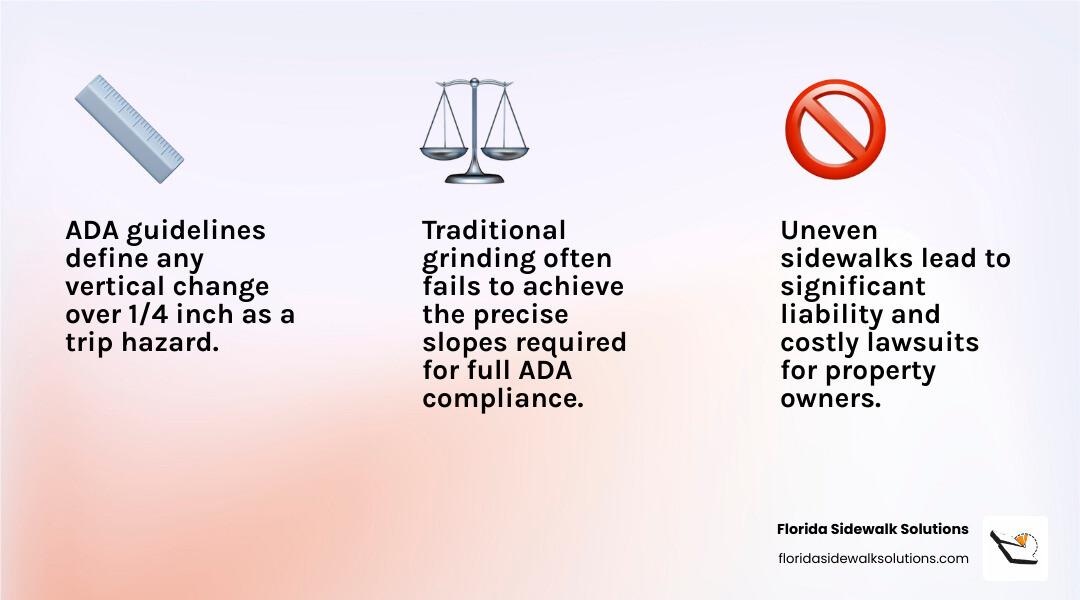 Detailed infographic showing ADA trip hazard measurements with a ruler displaying the 1/4 inch maximum height difference allowed, comparing compliant vs non-compliant sidewalk sections, and illustrating proper slope requirements for accessible walkways - grinding cement sidewalk infographic 3_facts_emoji_light-gradient