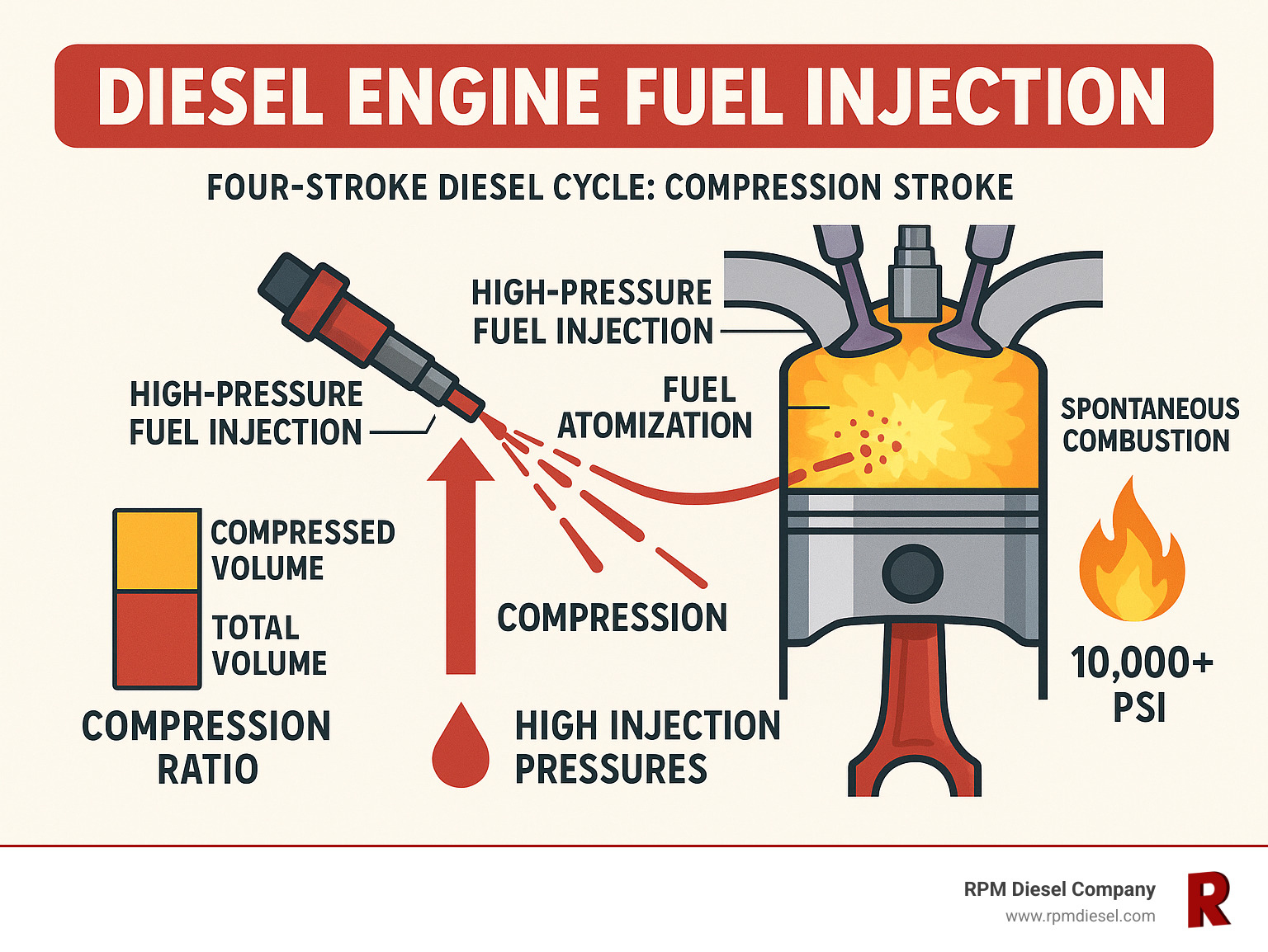 Detailed infographic showing the four-stroke diesel cycle with emphasis on the compression stroke fuel injection event, including visual representation of high-pressure fuel atomization, compression ratios, and the spontaneous combustion process in a marine diesel engine cylinder - Diesel engine fuel injection infographic 