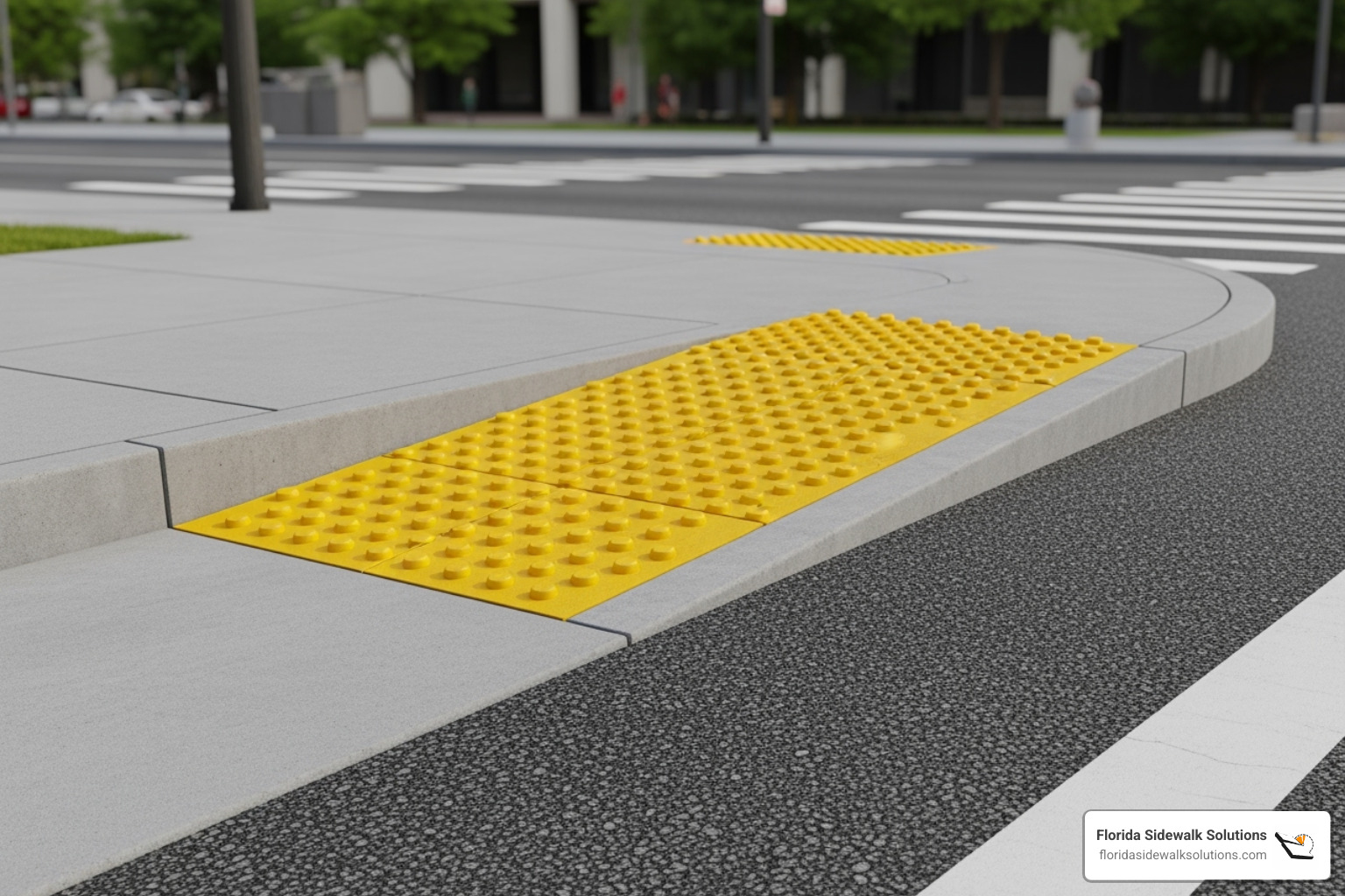 Image of a compliant curb ramp with truncated domes at a street crossing - ADA compliance for sidewalks