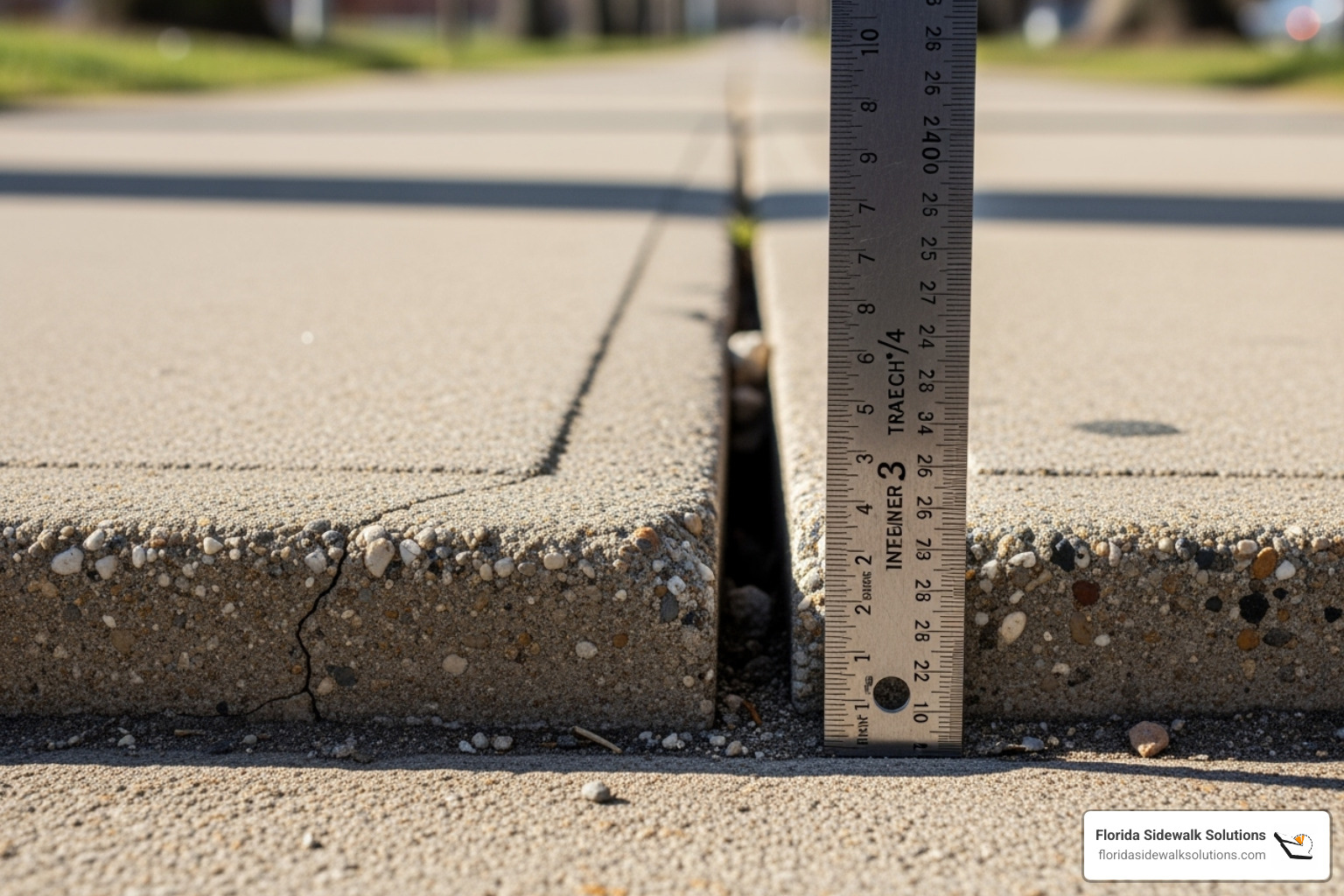 Image of a severe trip hazard on a sidewalk with a ruler showing a vertical change greater than 1/4 inch - ADA compliance for sidewalks