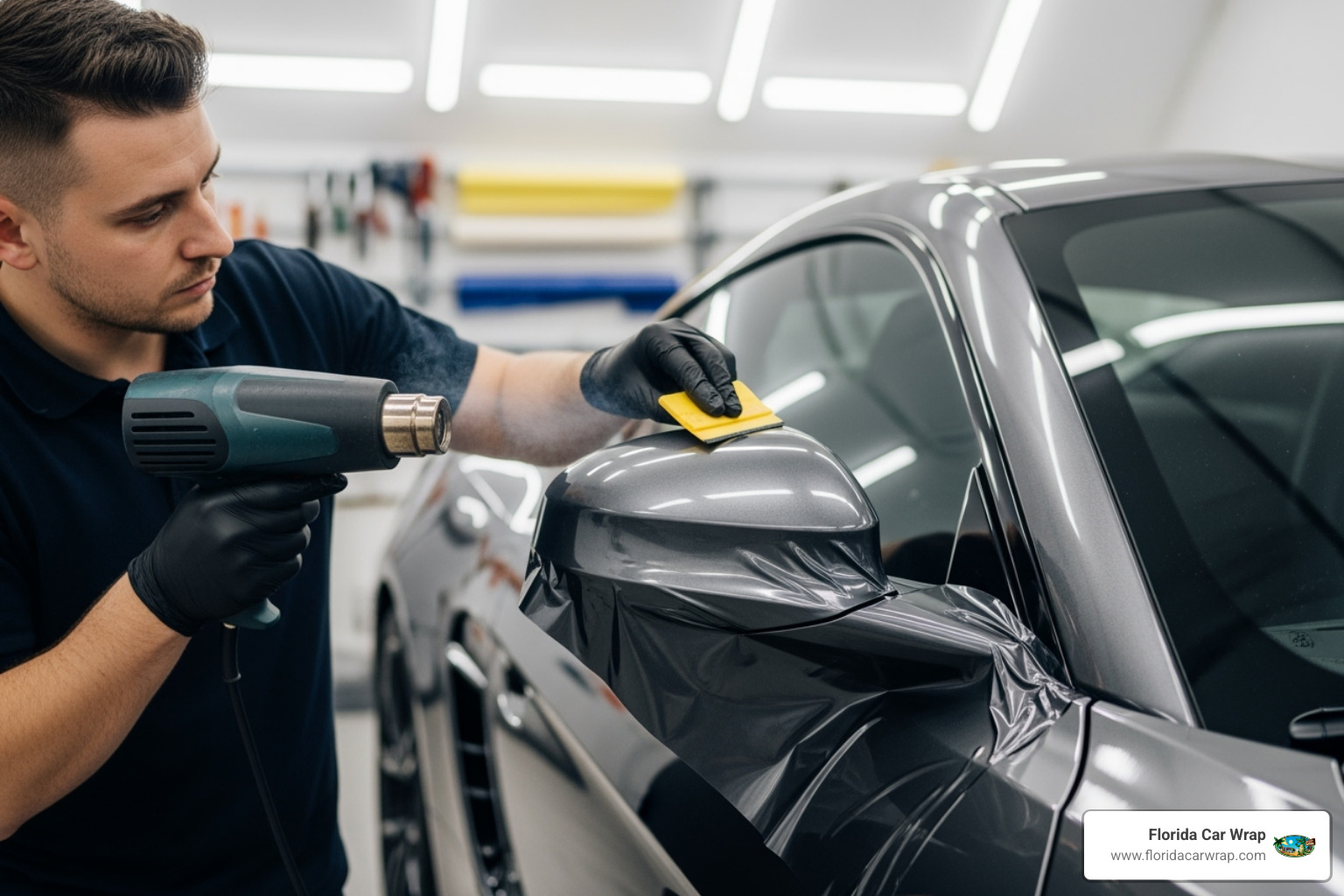 Skilled installer carefully applying a 3M wrap to a vehicle's complex curve - 3M Wraps Fort Lauderdale