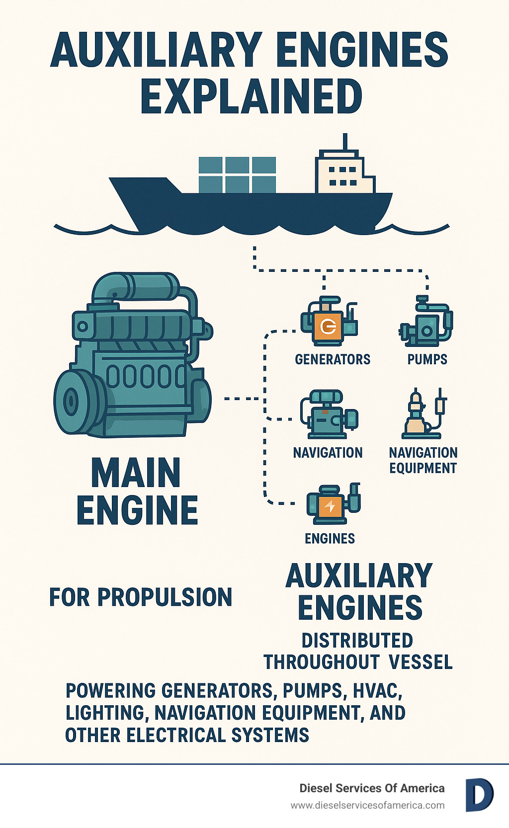 Infographic showing a ship's main engine (large, central, for propulsion) versus multiple smaller auxiliary engines (distributed throughout vessel, powering generators, pumps, HVAC, lighting, navigation equipment, and other electrical systems) - auxiliary engine infographic 