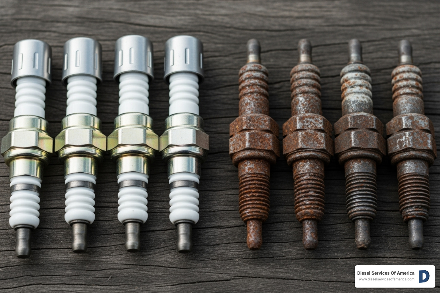 Set of new marine-grade glow plugs next to old, corroded ones - Diesel engine glow plug replacement