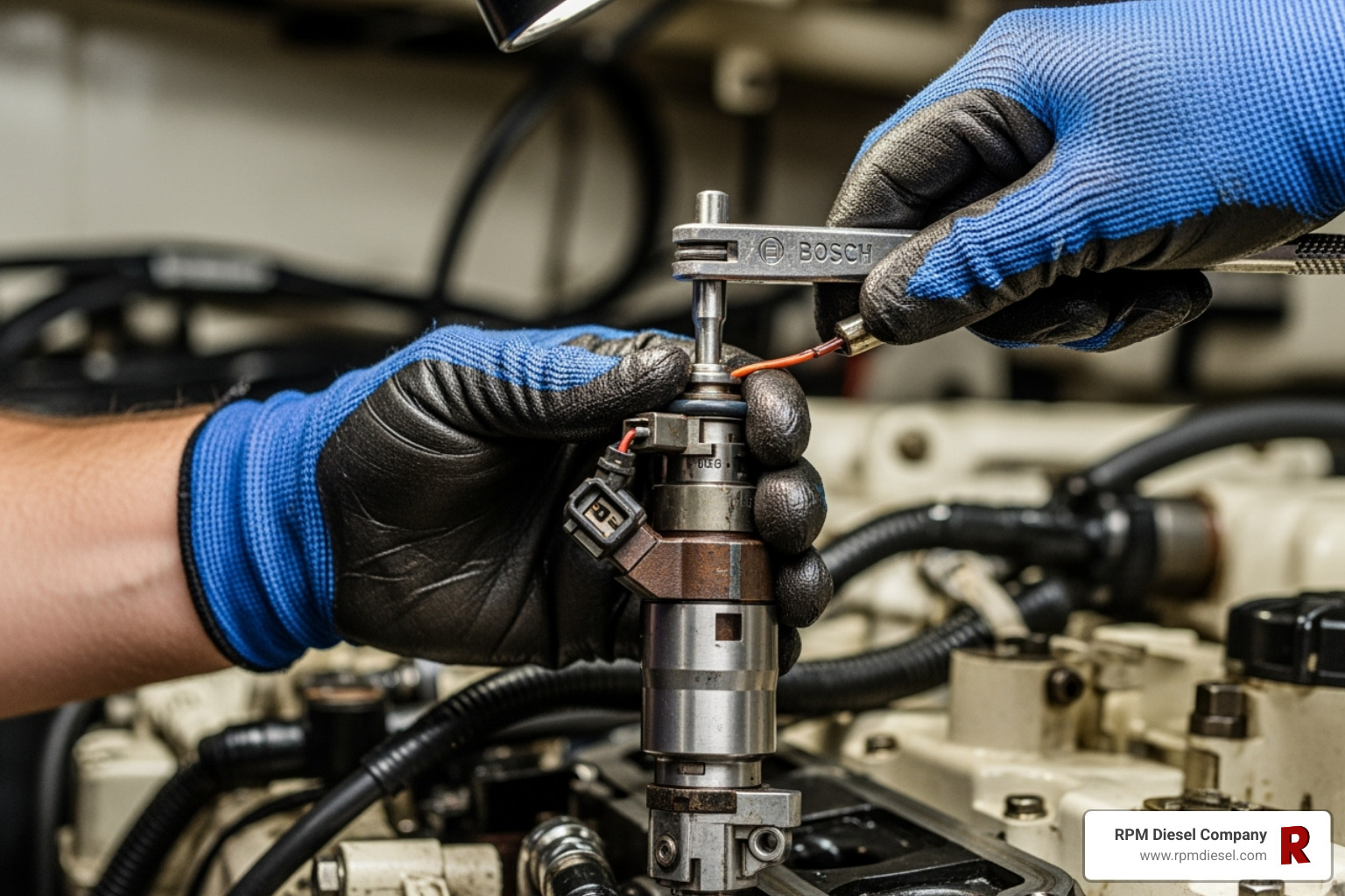 technician carefully removing a Bosch injector from a marine engine - bosch injector testing