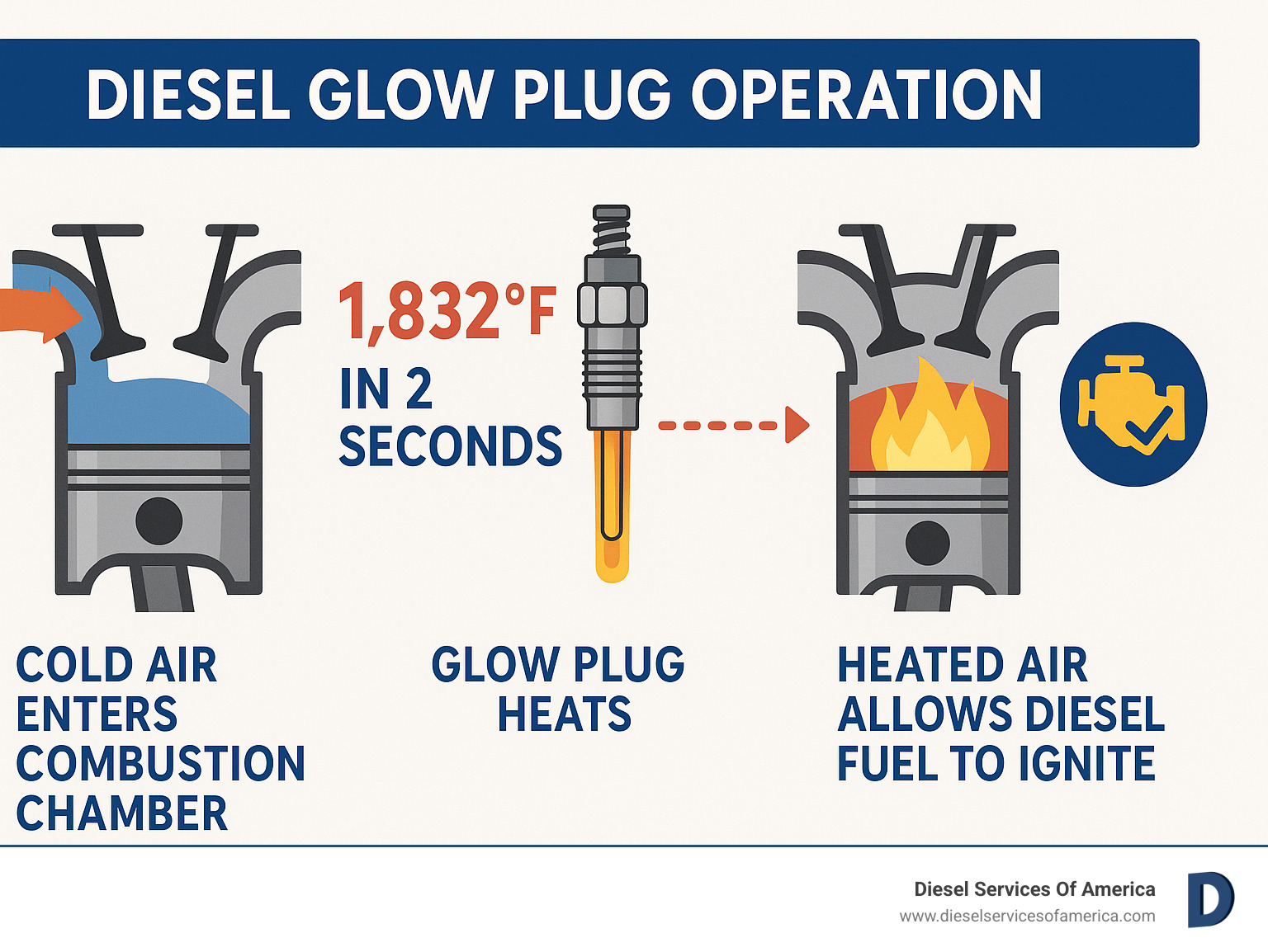Infographic showing diesel glow plug operation: cold air enters combustion chamber, glow plug heats to 1,832°F in 2 seconds, heated air allows diesel fuel to ignite properly, engine starts reliably - Diesel engine glow plug replacement infographic 