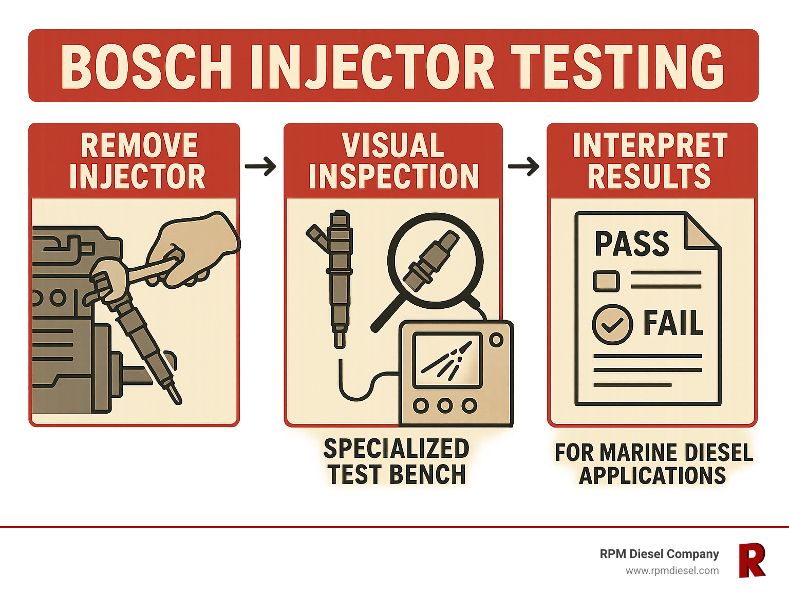 Detailed infographic showing the step-by-step process of professional Bosch injector testing, from removal and visual inspection through specialized test bench evaluation to interpreting pass/fail results for marine diesel applications - bosch injector testing infographic 