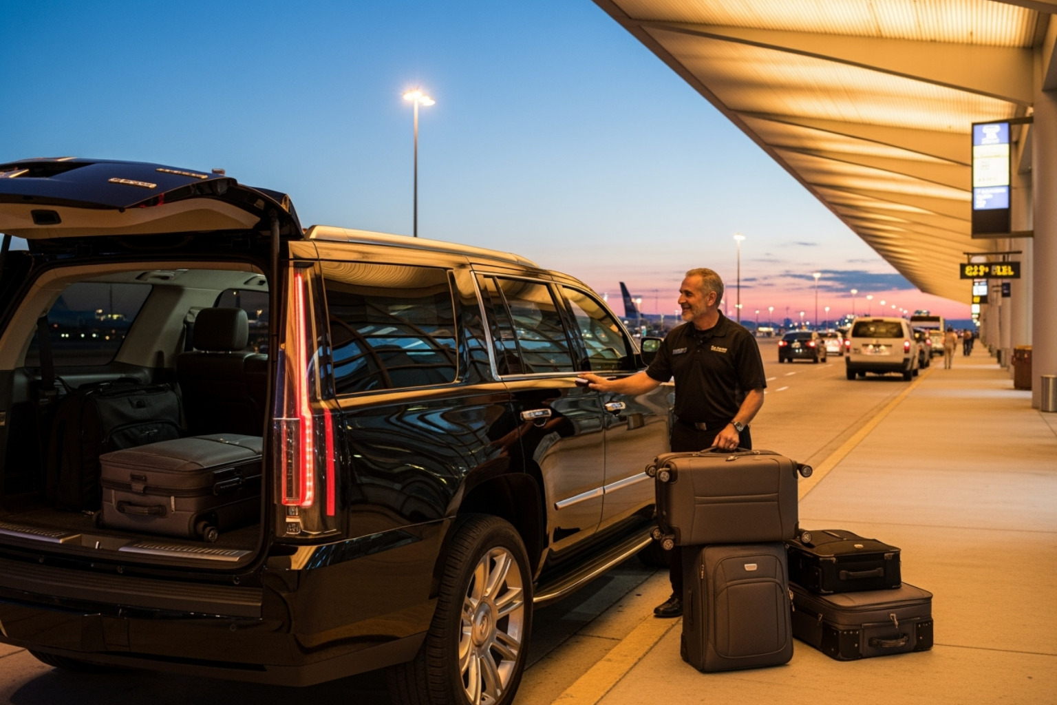 A sleek, black SUV with a friendly driver waiting outside Los Cabos International Airport (SJD) with luggage being loaded, symbolizing comfortable and reliable airport transportation - best hotels in cabo san lucas mexico