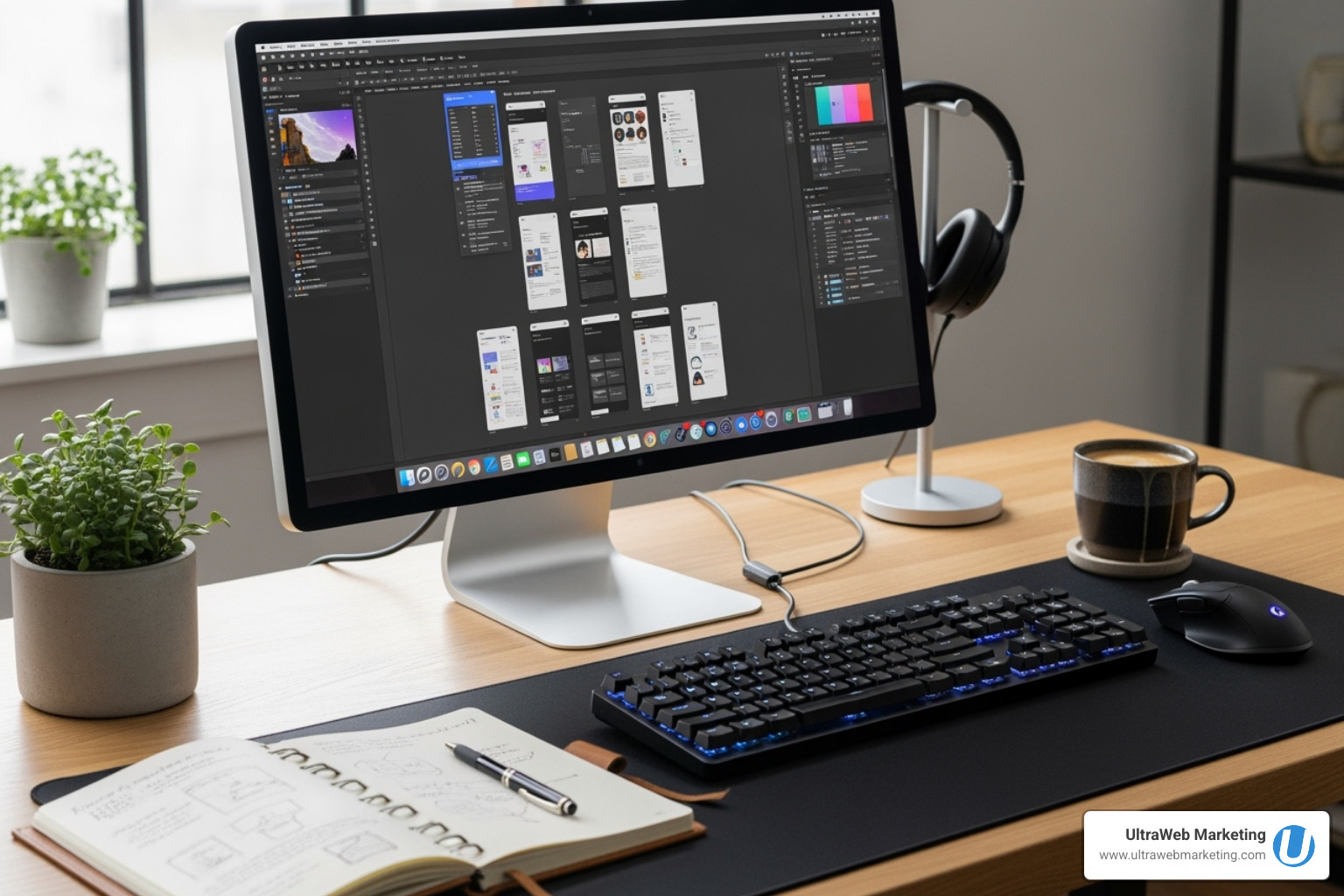 designer's desk with a computer showing Figma, a notepad, and a coffee cup - Web Design designer's desk with a computer showing Figma, a notepad, and a coffee cup - Web Design