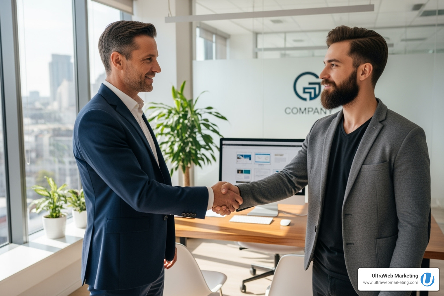 business owner shaking hands with a web designer in an office setting - Web Design business owner shaking hands with a web designer in an office setting - Web Design