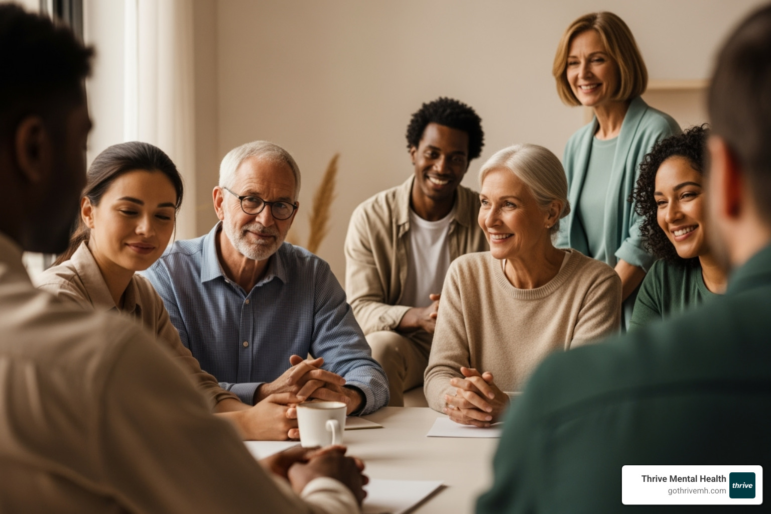 a diverse group of people in a supportive group setting - activity based therapy mental health