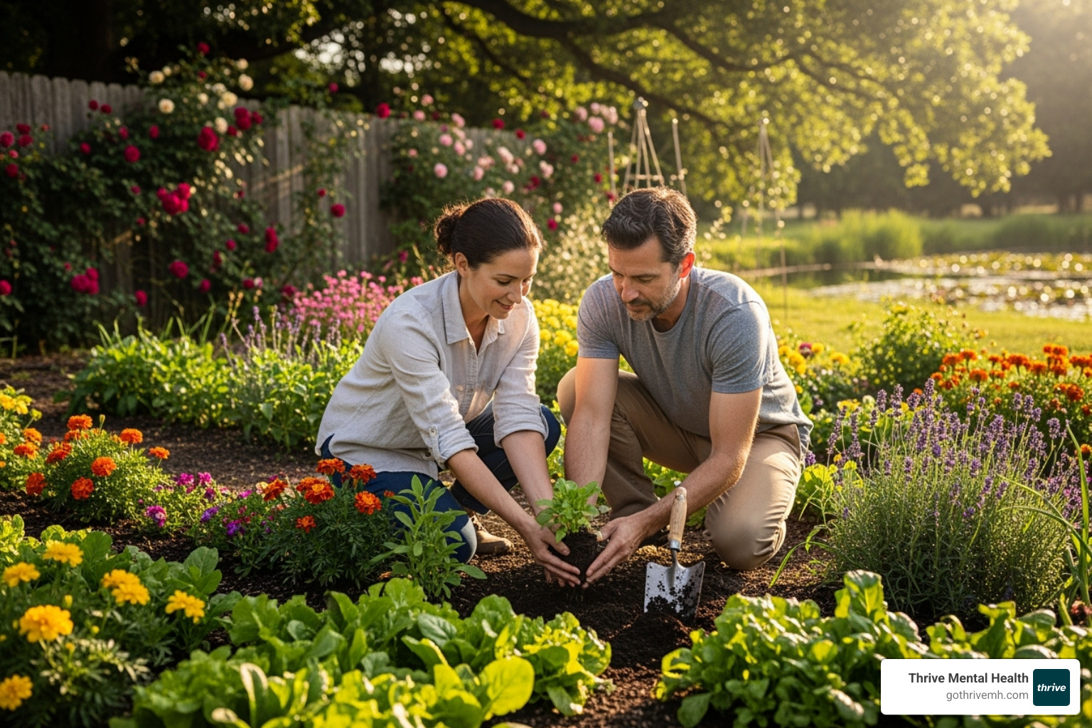 a therapist and client gardening together in a sunny, peaceful setting - activity based therapy mental health