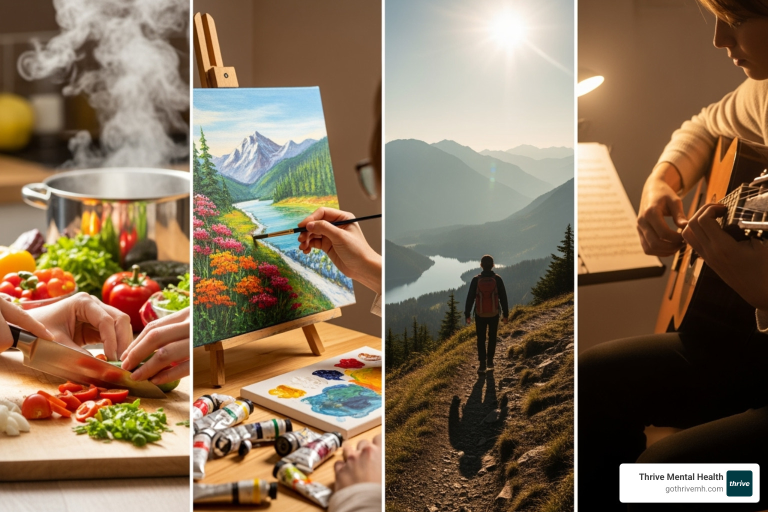 collage showcasing diverse activities like cooking, painting, hiking, and playing a musical instrument - activity based therapy mental health