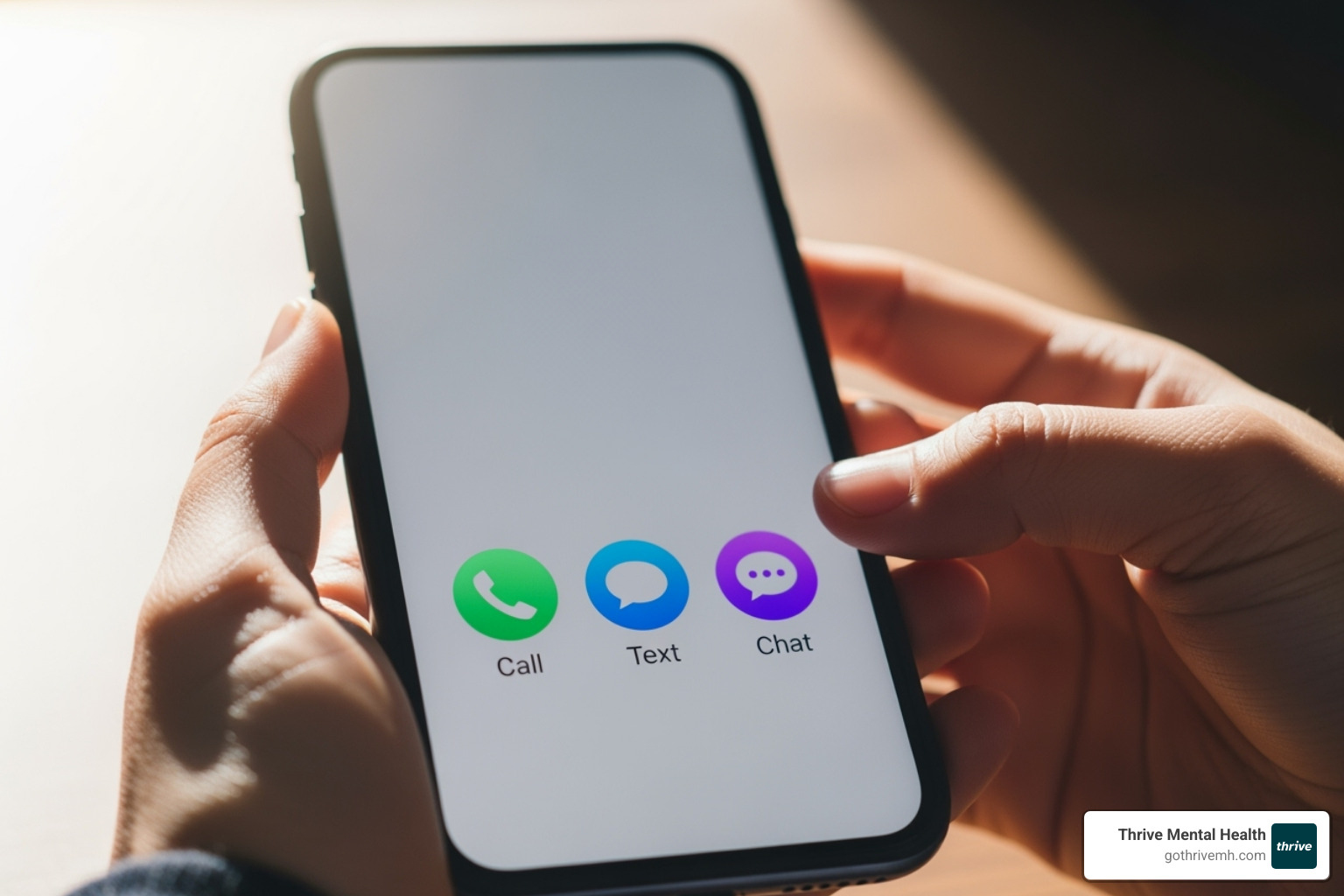 Image of a smartphone displaying different options for help (call, text, chat) - 24/7 mental health professional support