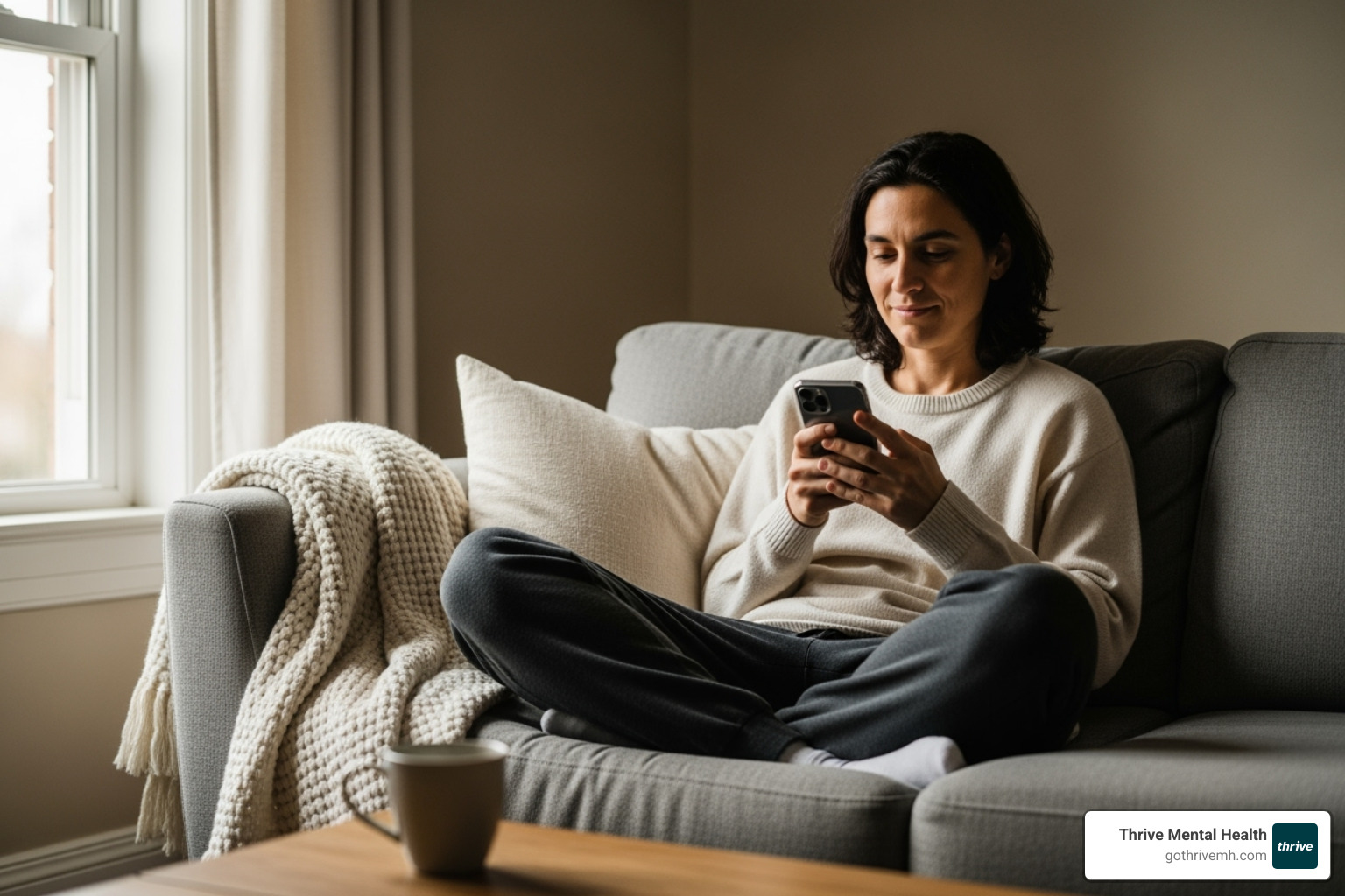 Image illustrating a calm and private space for making a call or texting - 24/7 mental health professional support