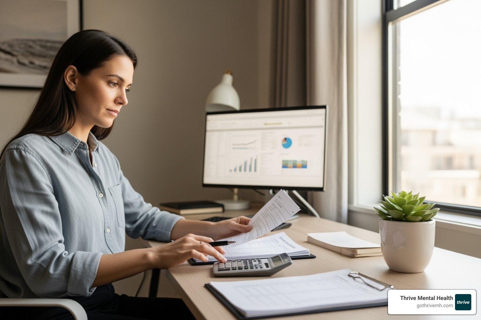 A person reviewing a financial document with a calculator - Central Florida counseling services