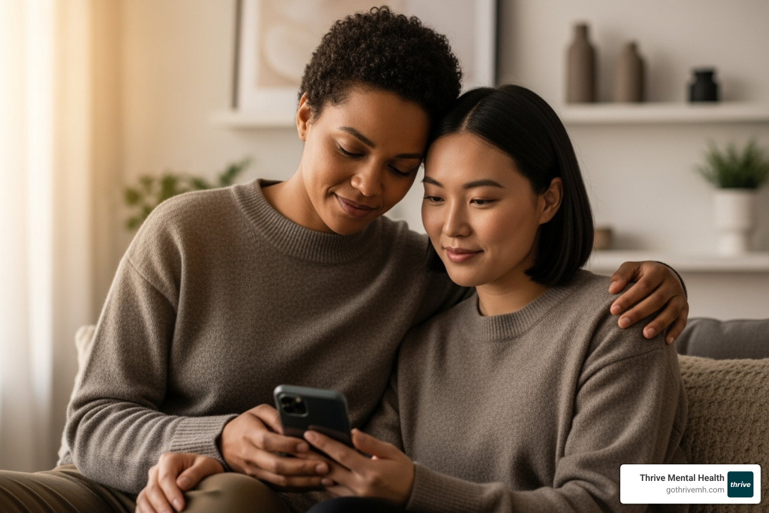 One person comforting another while looking at a phone, in a warm and supportive setting - 24 hour mental health helpline