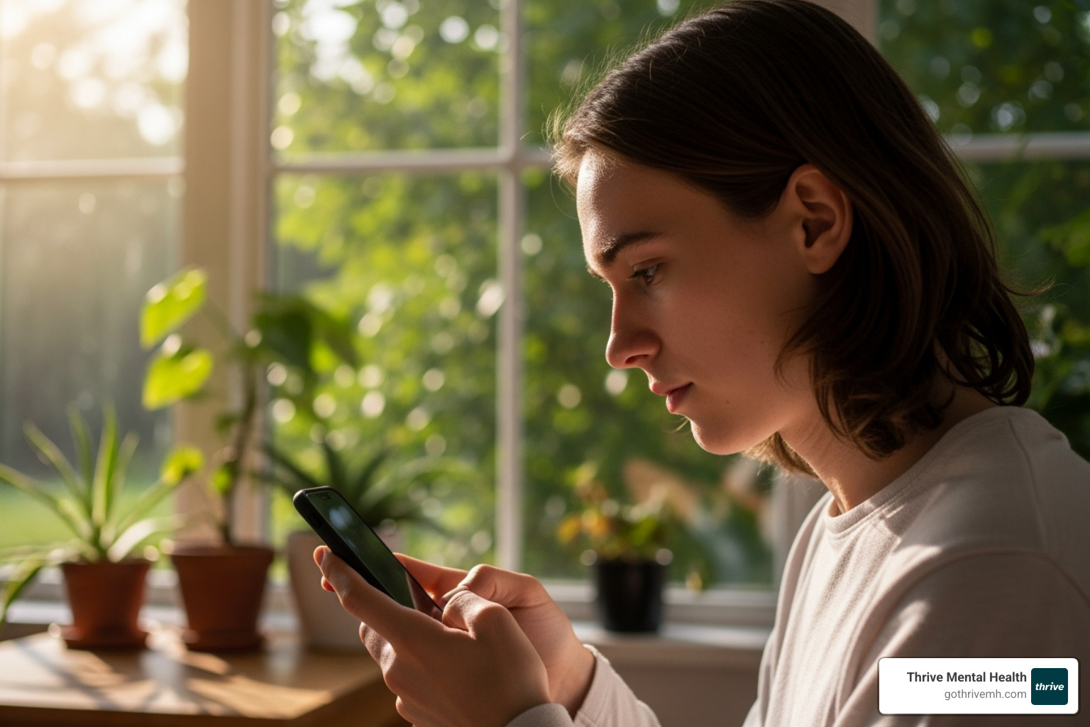Person holding a phone, looking thoughtful but calm in a serene setting - 24 hour mental health helpline