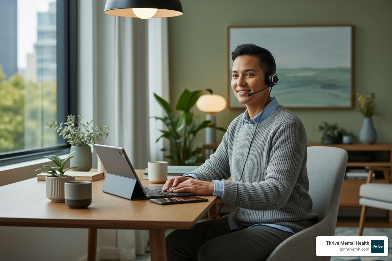 Calm and professional helpline operator with a headset, in a clean, modern office setting - 24 hour mental health helpline