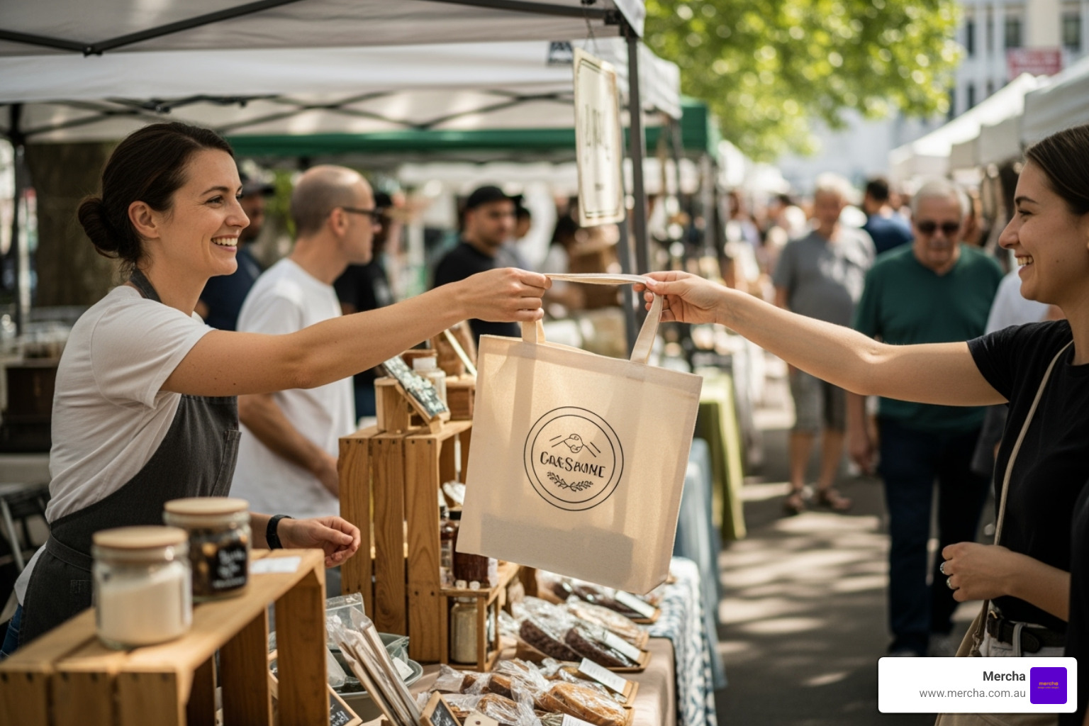 Small business owner handing a customer a branded tote bag at a local market - best online store for custom merch