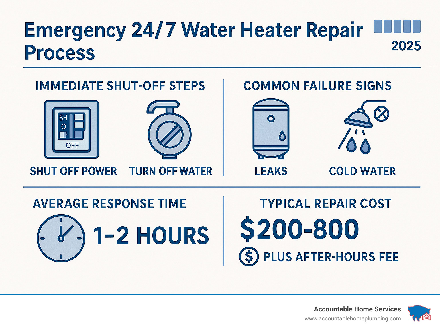 Emergency water heater repair process showing immediate shut-off steps, common failure signs like leaks and cold water, average response times of 1-2 hours, and typical repair costs ranging from $200-800 with after-hours fees - 24 7 water heater repair infographic 