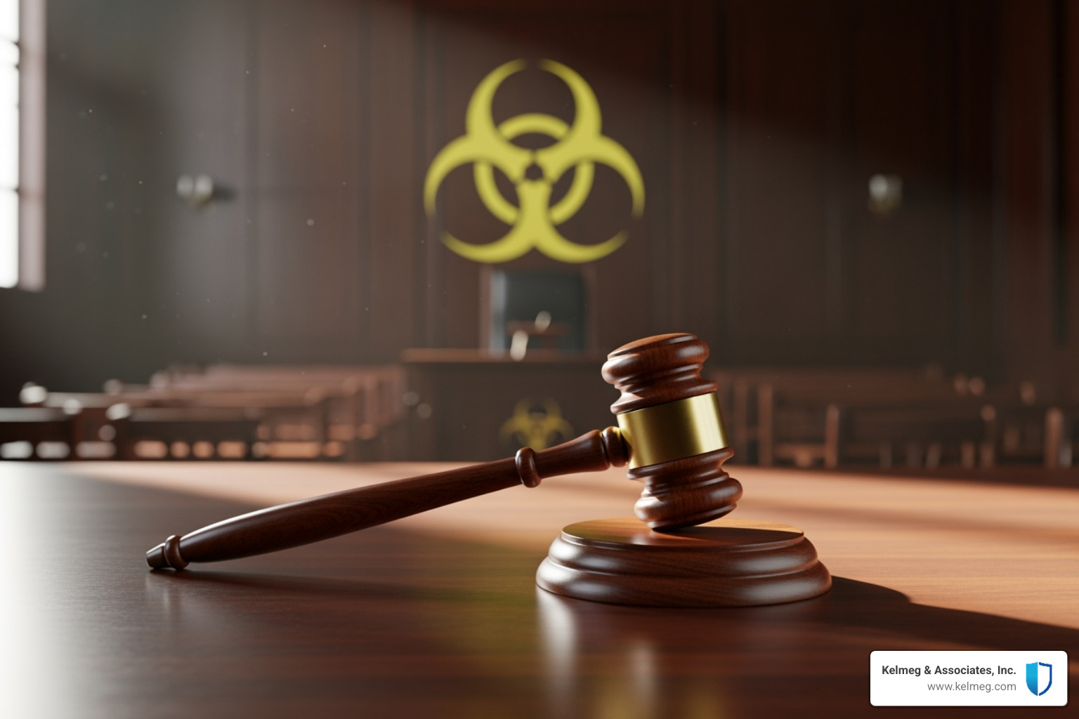 Courtroom gavel with a biohazard symbol in the background, representing the legal challenges and health crisis of COVID-19 lawsuits and insurance claim denials - Covid insurance for businesses
