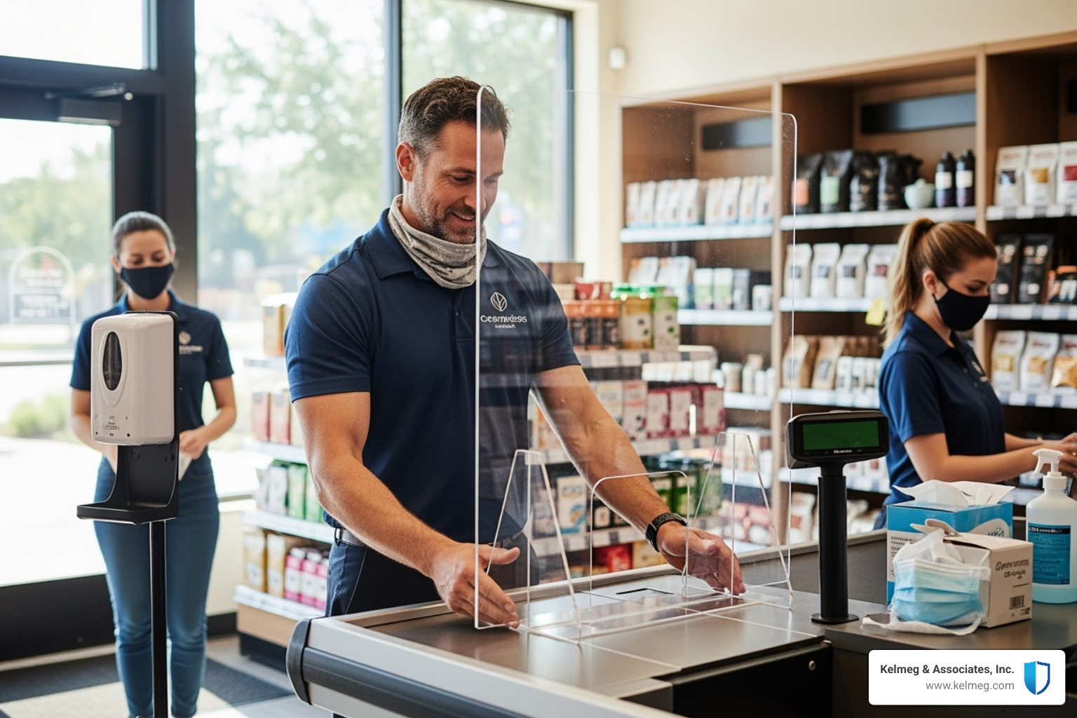 Business owner implementing safety measures like plexiglass shields and hand sanitizer stations, demonstrating proactive planning for health crises - Covid insurance for businesses