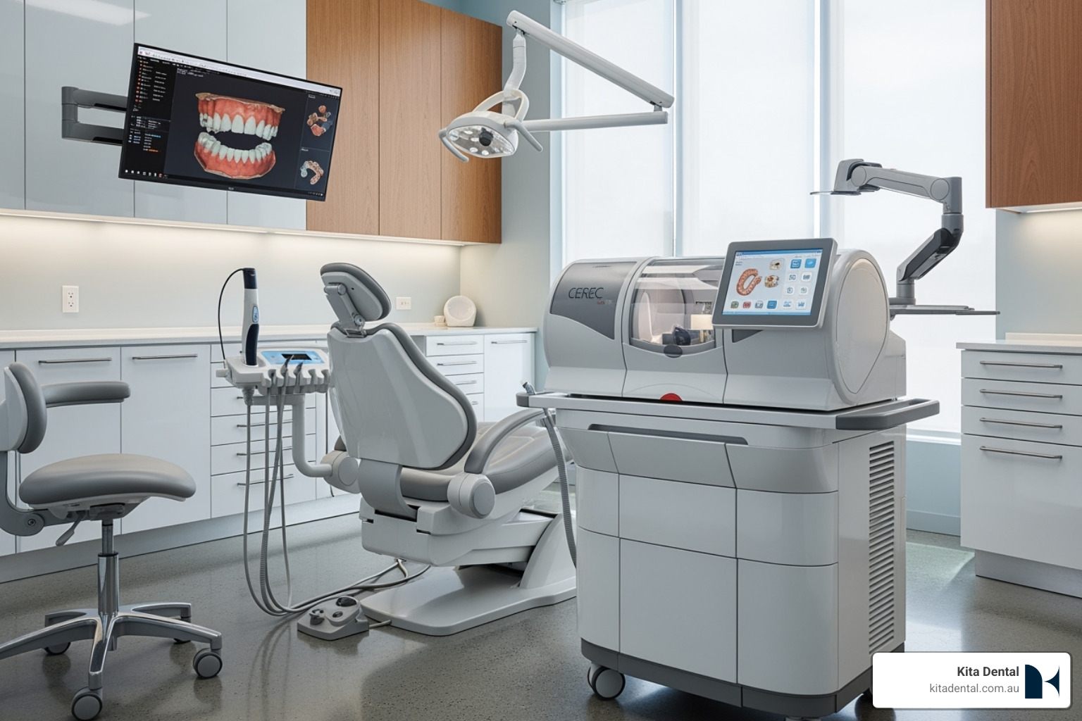 Advanced dental equipment like a 3D scanner or CEREC machine in a modern dental clinic - general dentist sydney Advanced dental equipment like a 3D scanner or CEREC machine in a modern dental clinic - general dentist sydney