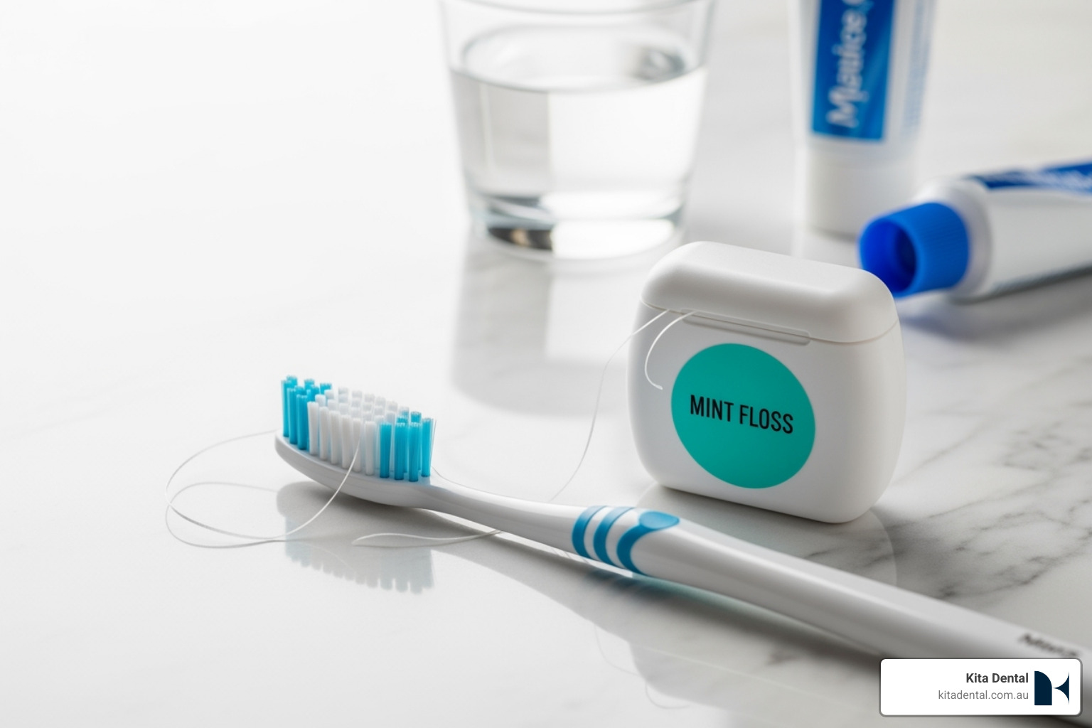 Dental care items like a soft-bristled toothbrush and floss - composite bonding sydney