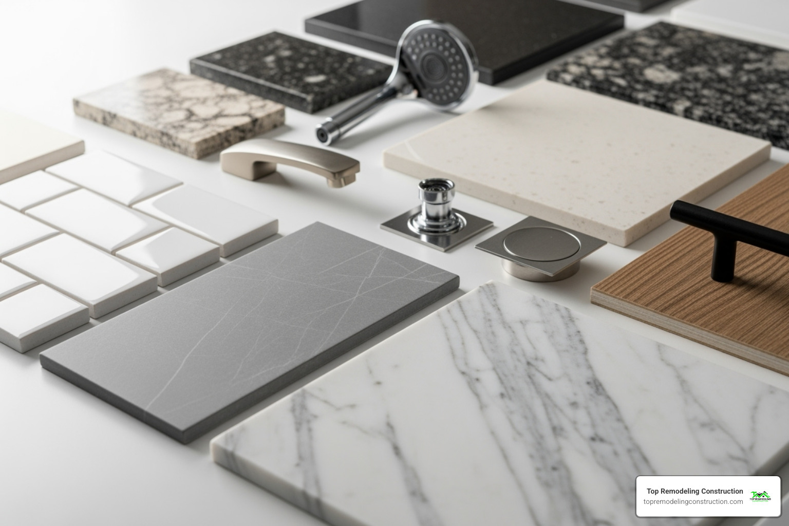 Variety of tile, countertop, and fixture samples - Las Vegas bathroom renovation Variety of tile, countertop, and fixture samples - Las Vegas bathroom renovation