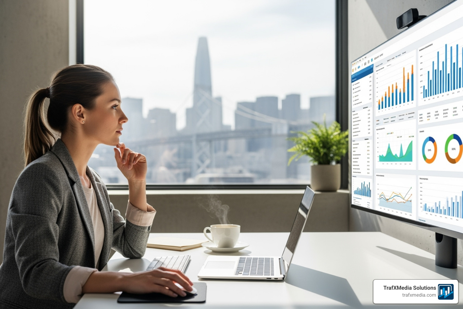 A Caucasian female content strategist reviews a data analytics dashboard displaying content performance metrics, with charts and graphs, in a modern San Francisco office. - content development San Francisco