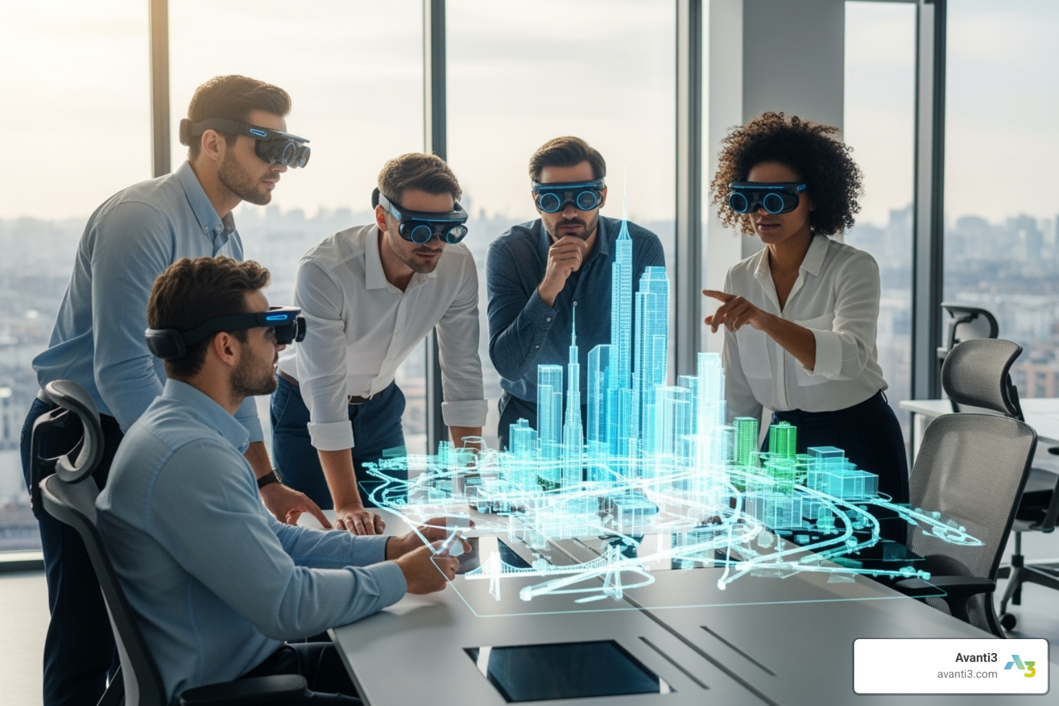 A business team collaborating on a 3D model in an office using AR glasses - cloud based ar