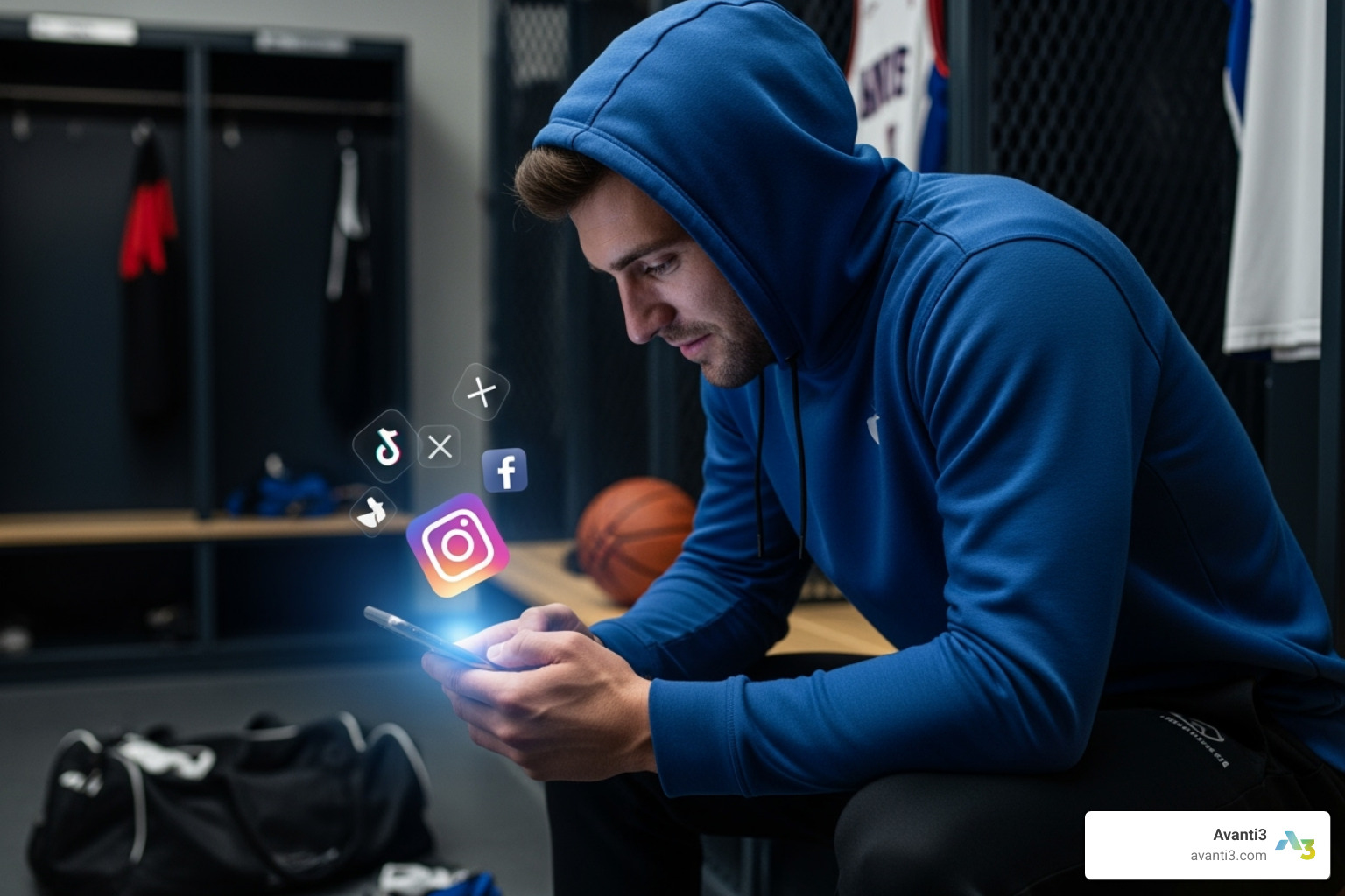 athlete on phone with social media icons - social media and sports