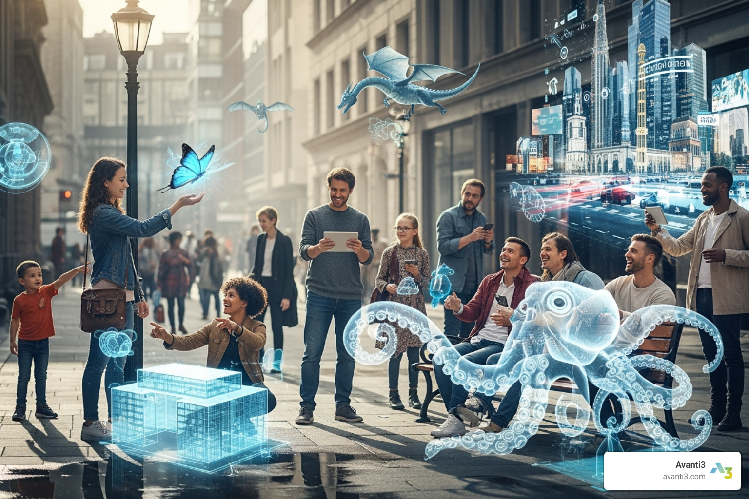 A diverse group of people interacting with a shared, open AR world - cloud based ar