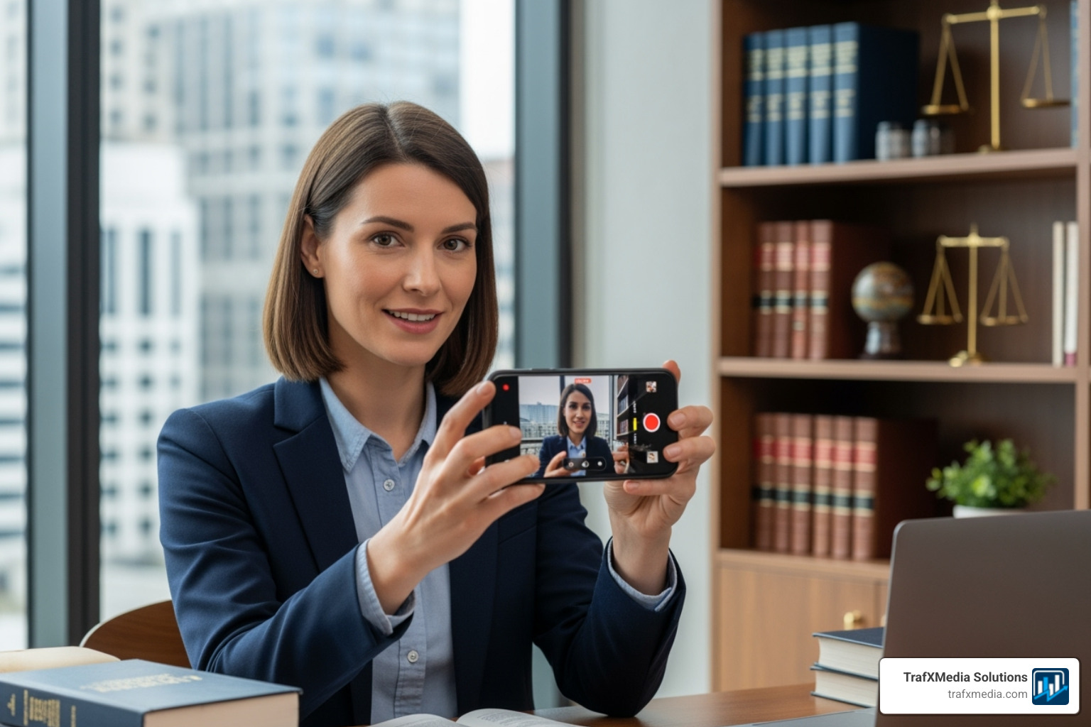 Caucasian female lawyer recording a professional video tip on her smartphone in her office - Facebook marketing for lawyers