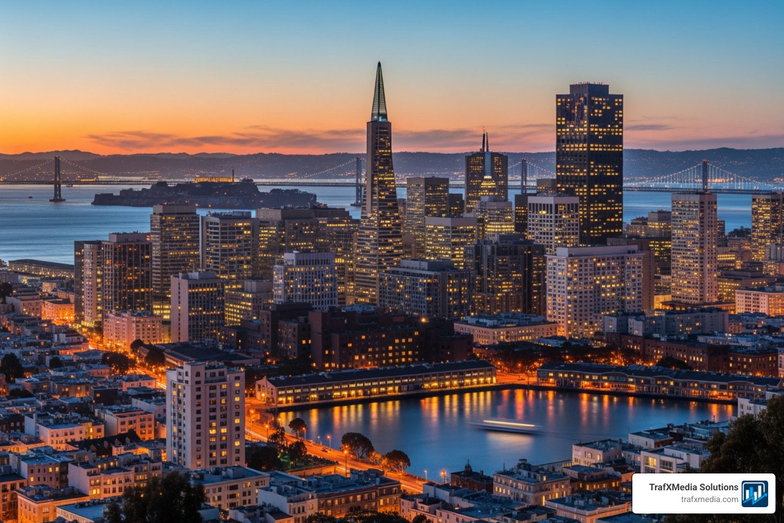 San Francisco skyline at dusk, symbolizing opportunity and growth for local law firms - Facebook marketing for lawyers