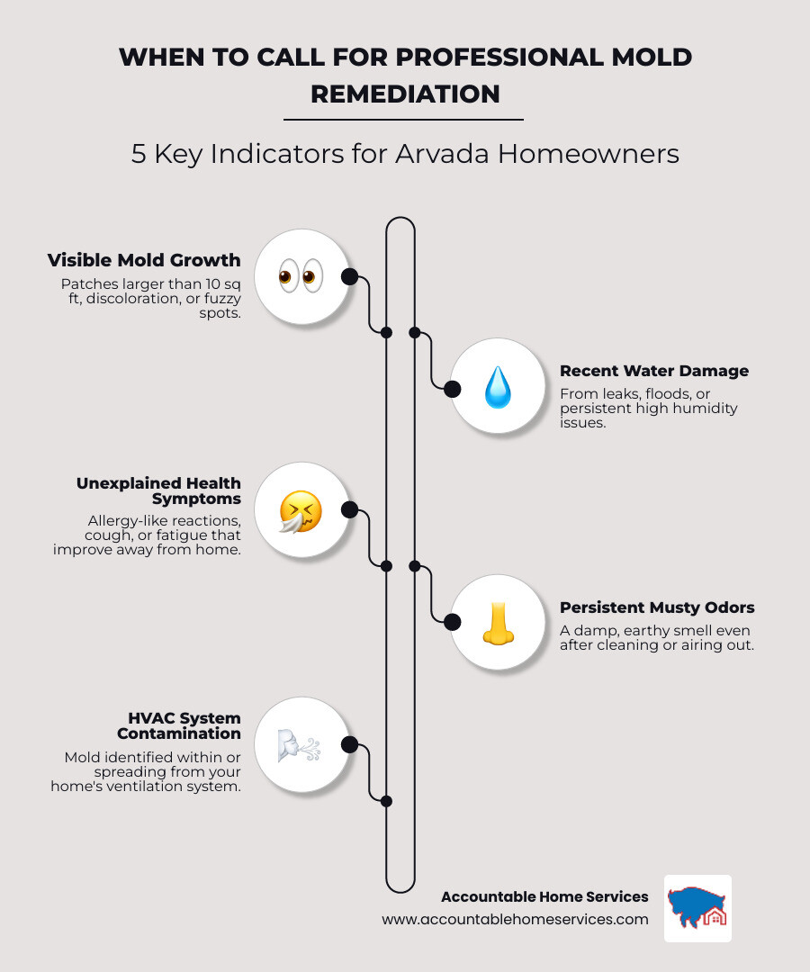 Comprehensive infographic showing the 5 key indicators for professional mold remediation including visible growth patterns, water damage timelines, health symptom checklist, size thresholds for DIY vs professional treatment, and real estate transaction requirements - mold remediation arvada infographic infographic-line-5-steps-neat_beige