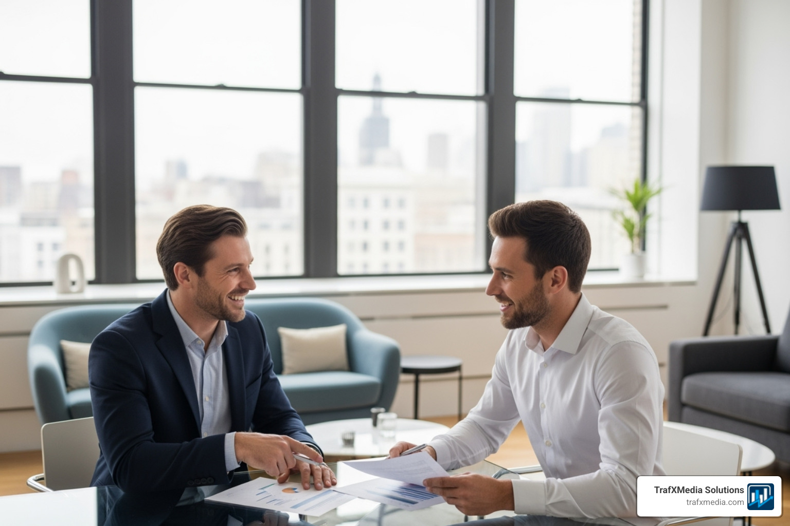 A Caucasian client and a Caucasian marketing strategist engage in a positive discussion in a bright, modern office space, reviewing documents and collaborating effectively. - content development San Francisco