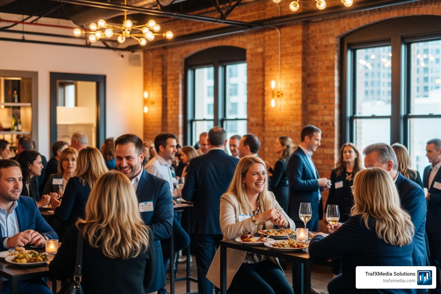 A professional networking event in a stylish San Francisco venue, with a diverse group of Caucasian people talking and exchanging business cards, suggesting a vibrant and inclusive atmosphere. - content development San Francisco