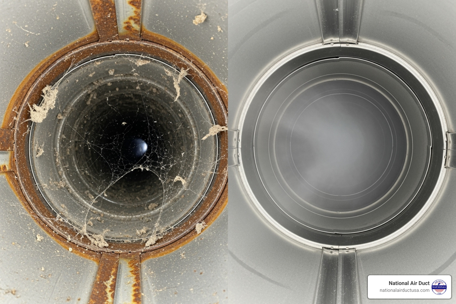 side-by-side comparison of a physically cleaned duct vs. a fogged/disinfected duct - how to disinfect air ducts