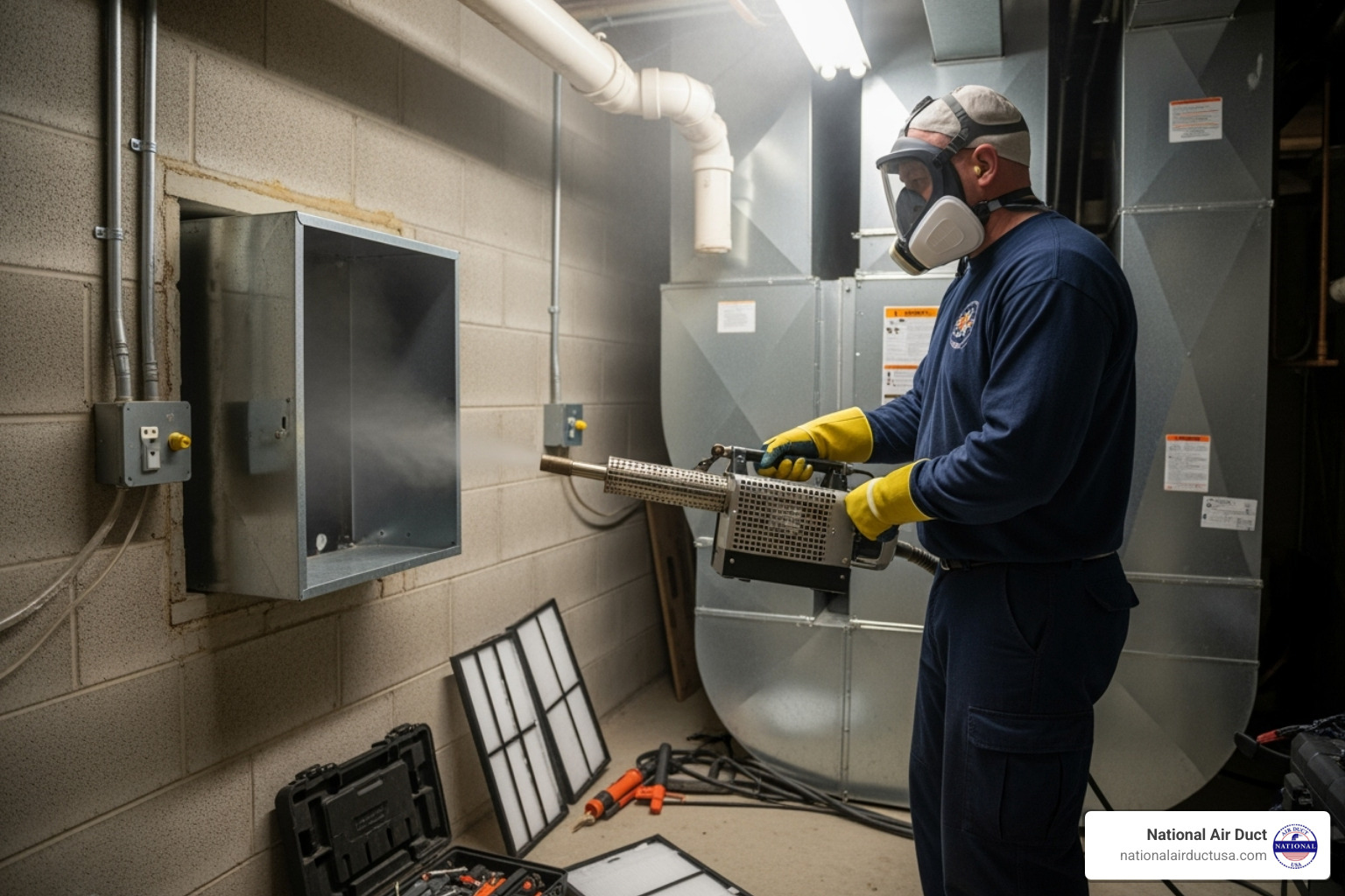 certified technician in proper PPE using a fogging machine on an HVAC system - how to disinfect air ducts