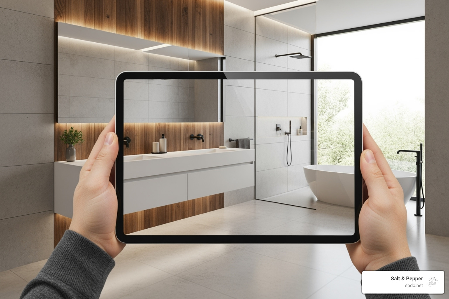Detailed 3D design rendering of a bathroom on a tablet - Bathroom remodel free consultation Detailed 3D design rendering of a bathroom on a tablet - Bathroom remodel free consultation