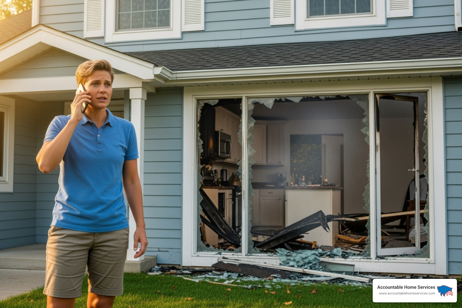 homeowner on the phone outside their house, with the kitchen visible in the background - kitchen fire damage repair