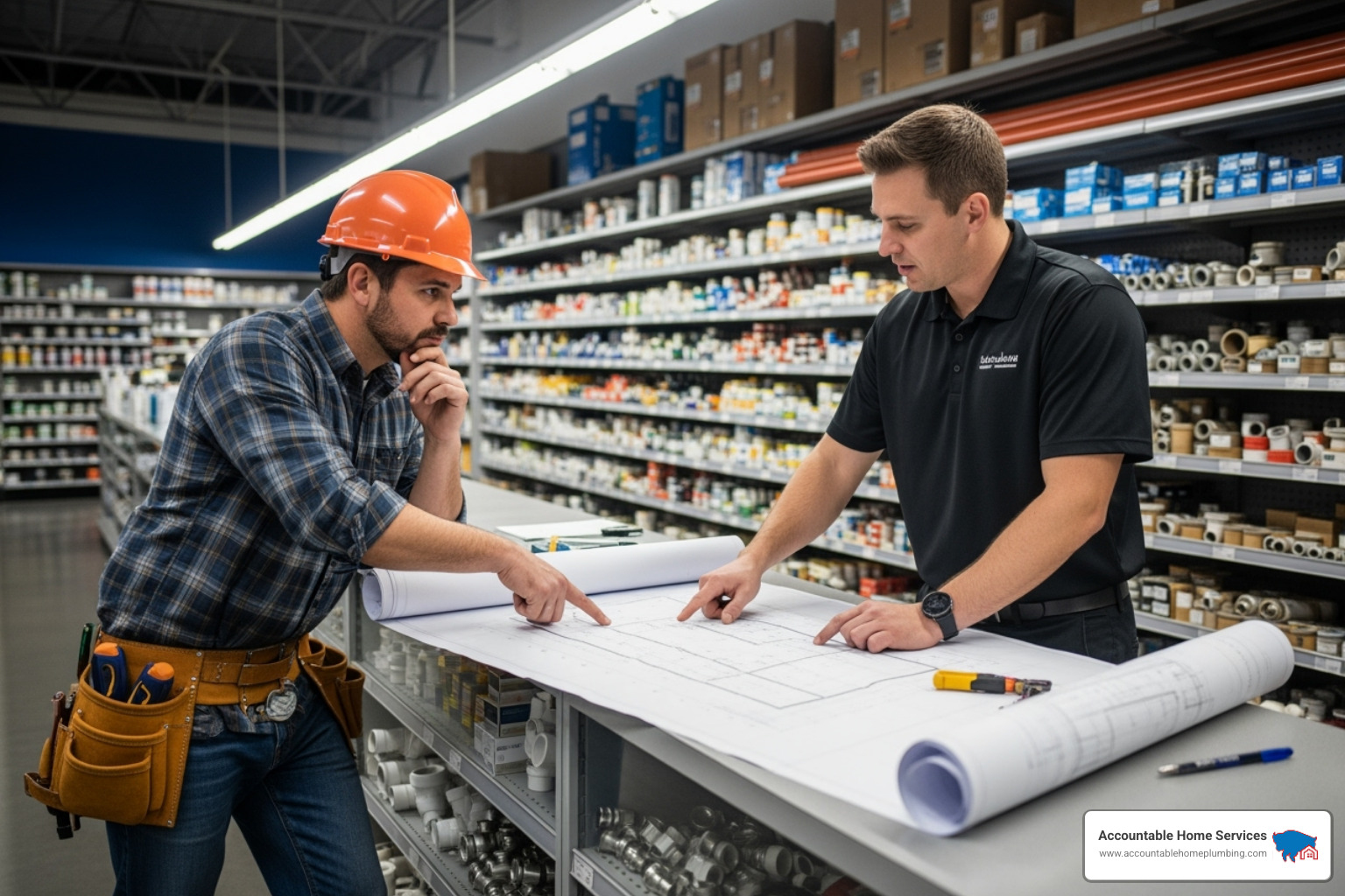 contractor consulting with a supply store employee over a blueprint - plumbing supply thornton co