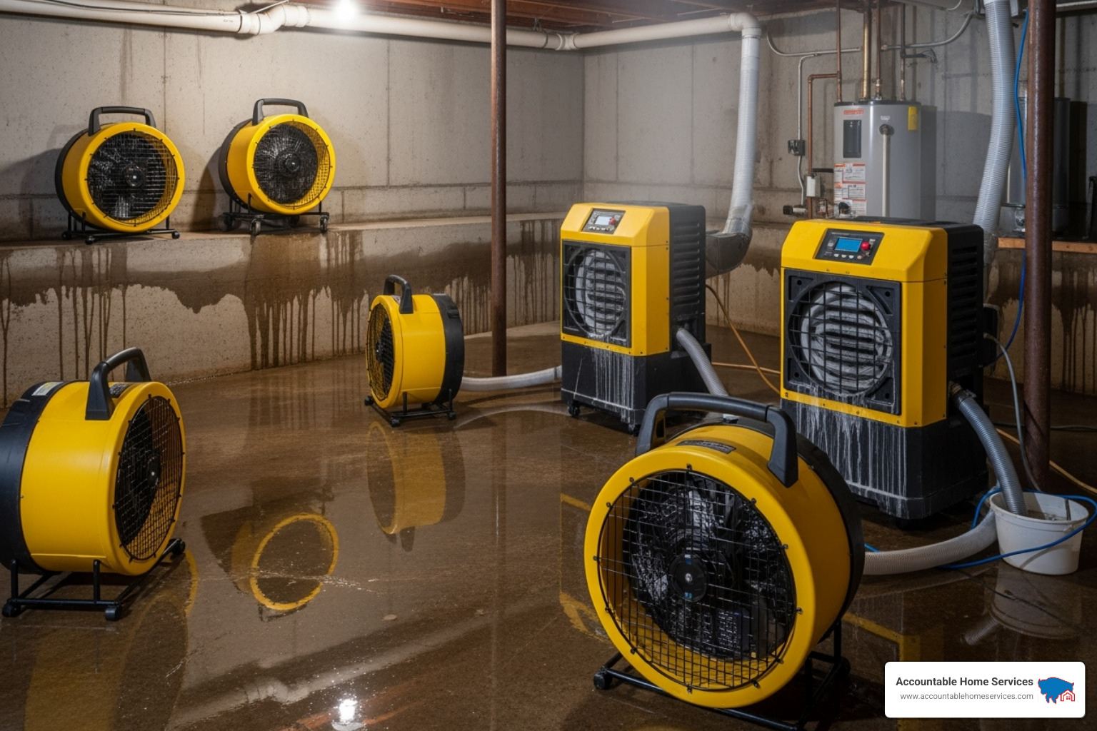 a water-damaged basement with drying equipment - mold remediation arvada