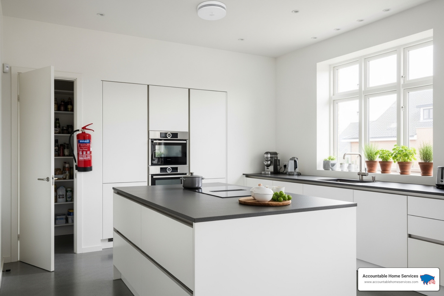clean, modern kitchen with a visible fire extinguisher and smoke alarm - kitchen fire damage repair